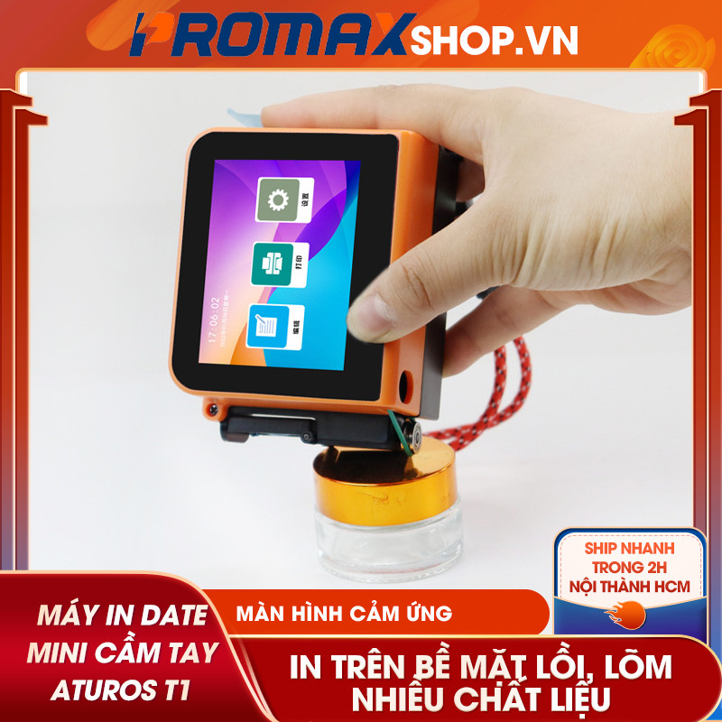 Máy in mini cầm tay Aturos T1 in mã vạch, date trên bao bì lồi lõm